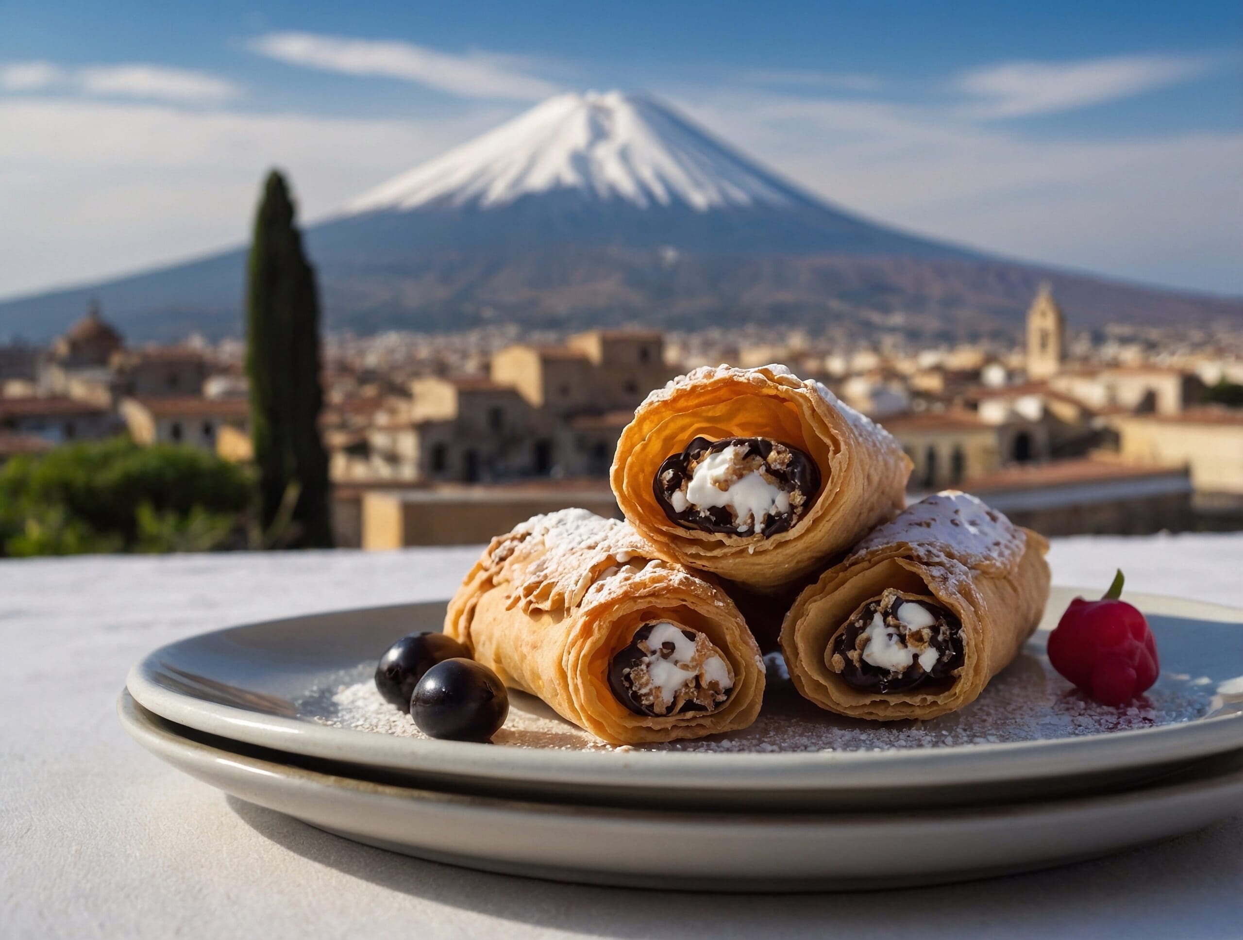 Cannoli Sicilian against the backdrop of Mount Etna, Catania, Palermo.