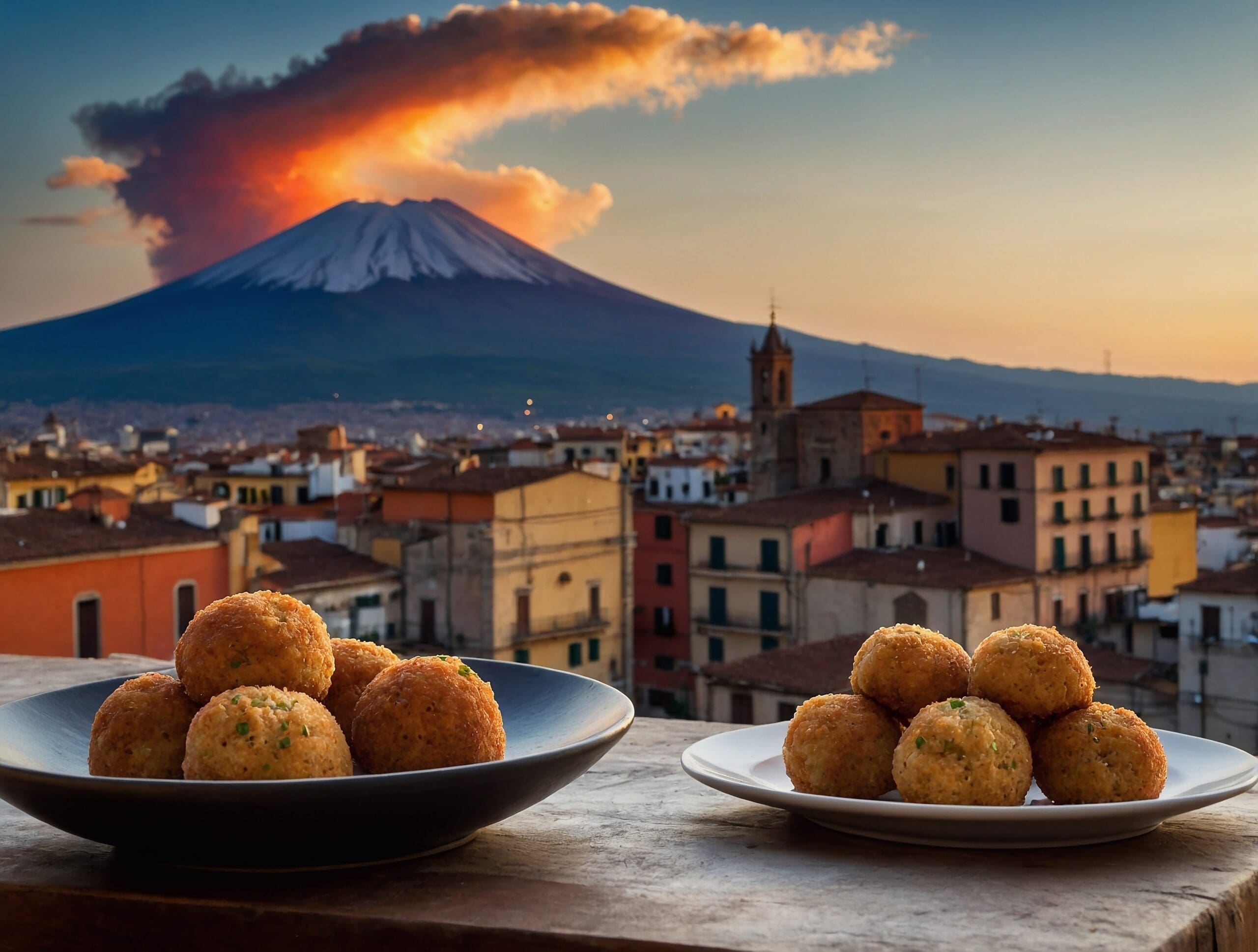 Arancini in a plate against the backdrop of Catania and Mount Etna.